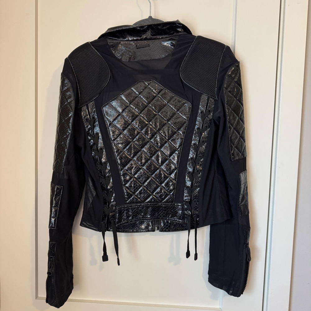 Blanc Noir Womens Black Quilted Snakeskin Moto Jacket Mesh Lace Up Back - Picture 2 of 5